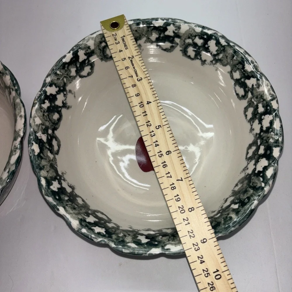 2 Vintage Stoneware Spongeware‎ Spatterware Apple Serving Bowls HEAVY 9